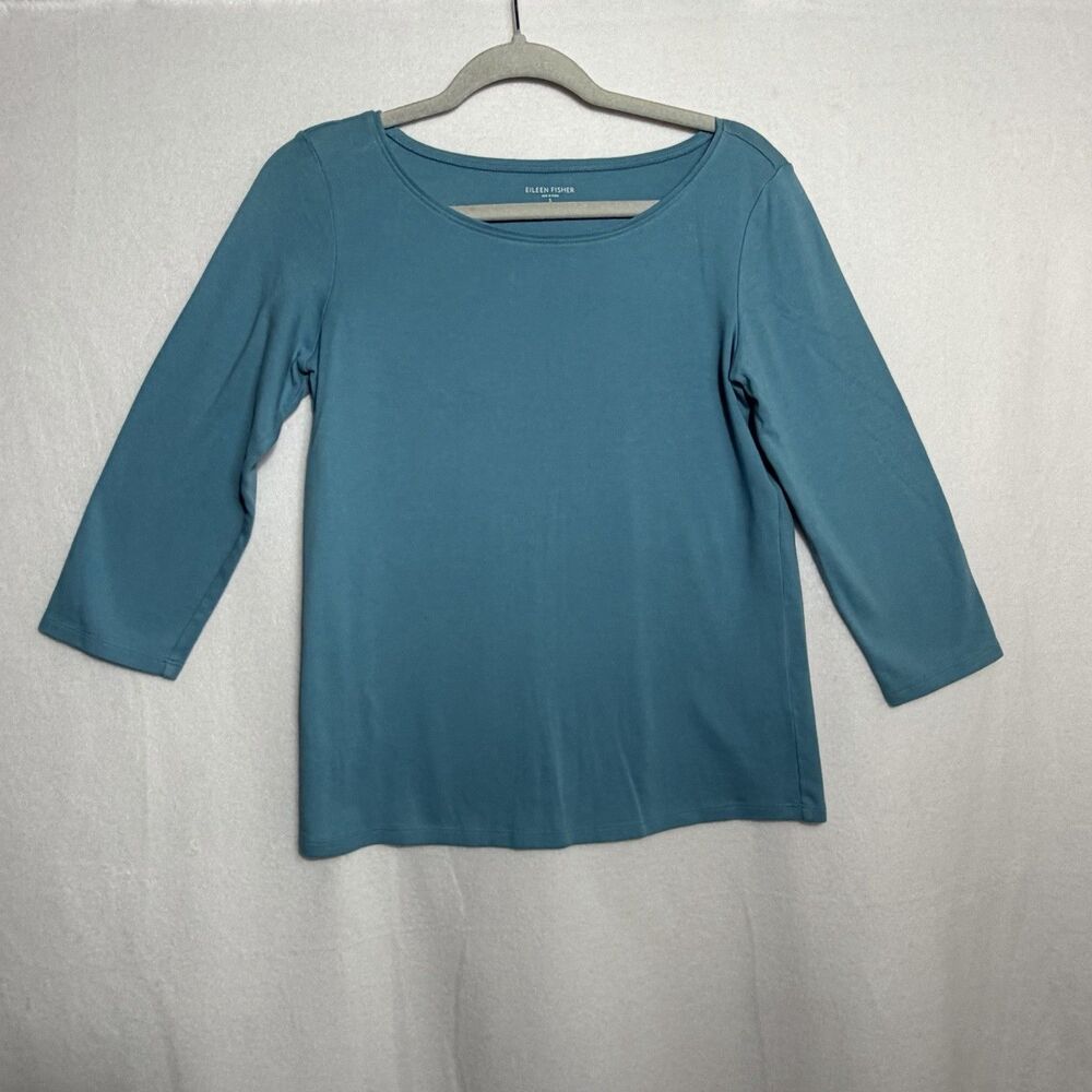 Eileen Fisher Teal Blue Boat Neck 3/4 Sleeve 100% Cotton Tee Top Blouse Size S